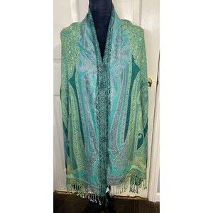 Reversible Teal Blue & Green Pashmina Shawl 44X84 Fringe Paisley Boho Festival